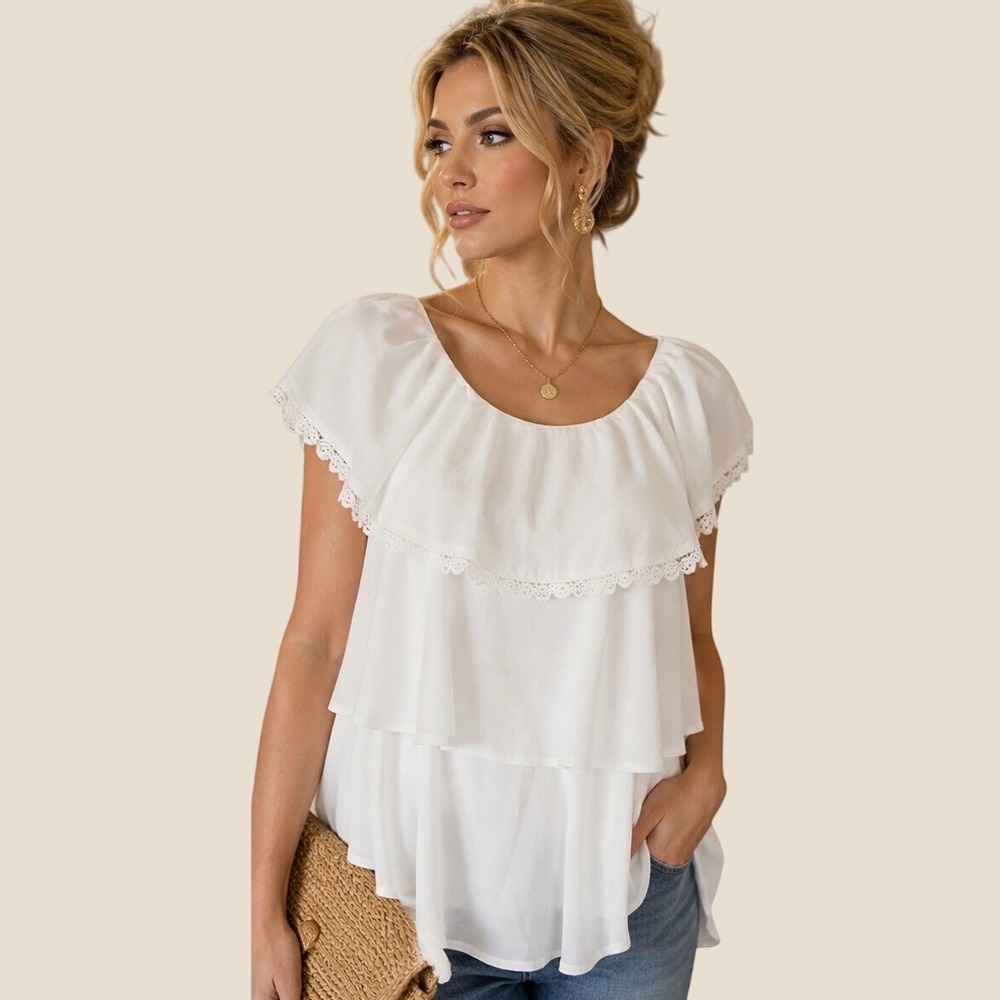 Anthropologie Eri + Ali Ivory Tiered Ruffle Lace Trim Open Back Blouse Large NWT